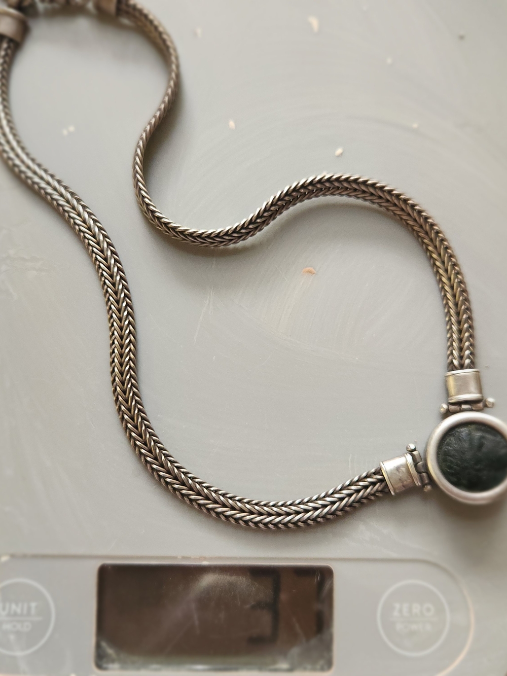 Ancient Roman Bronze Coin Sterling Setting And Flat Foxtail Chain